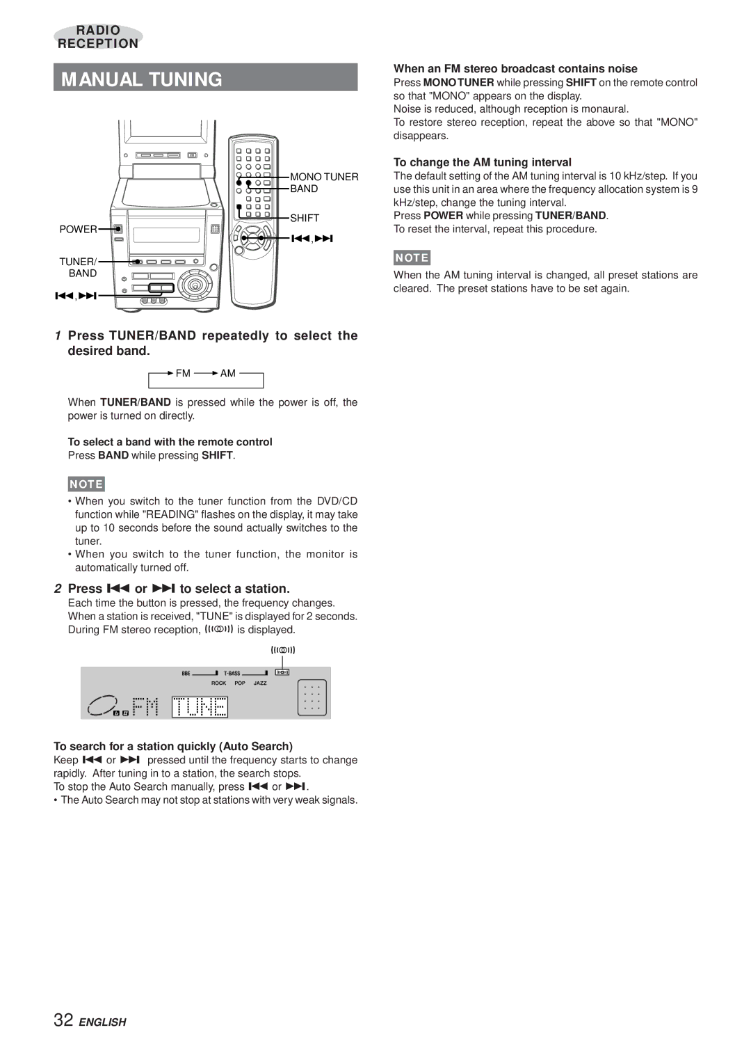 Aiwa XR-DV3M Manual Tuning, Press TUNER/BAND repeatedly to select the desired band, Press r or t to select a station 