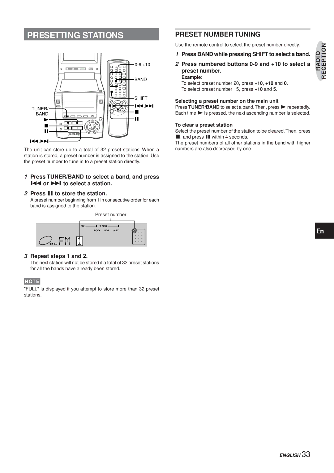 Aiwa XR-DV3M operating instructions Presetting Stations, Preset Number Tuning, Repeat steps 1 