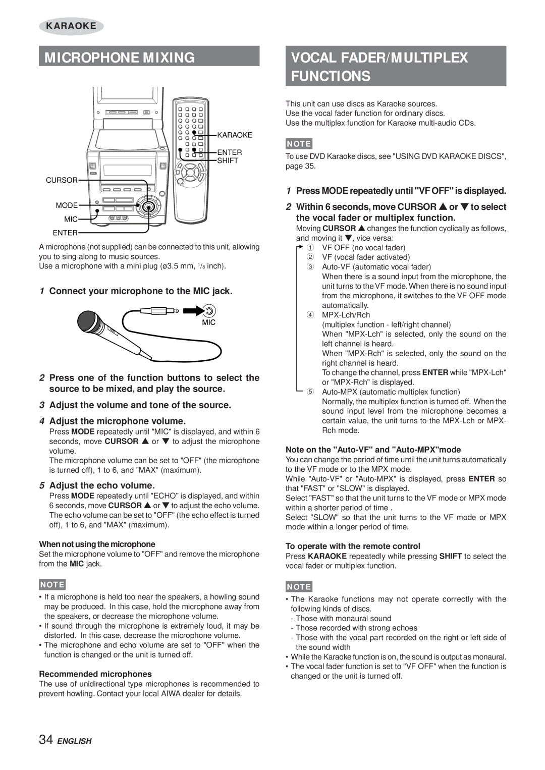 Aiwa XR-DV3M operating instructions Microphone Mixing, Functions, Adjust the echo volume 