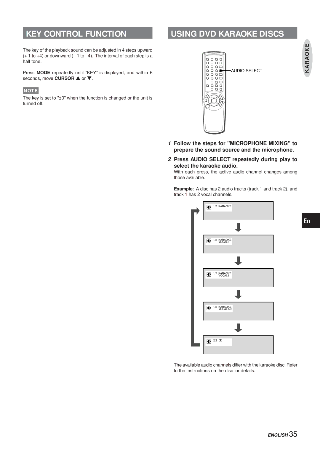 Aiwa XR-DV3M operating instructions KEY Control Function, Using DVD Karaoke Discs 