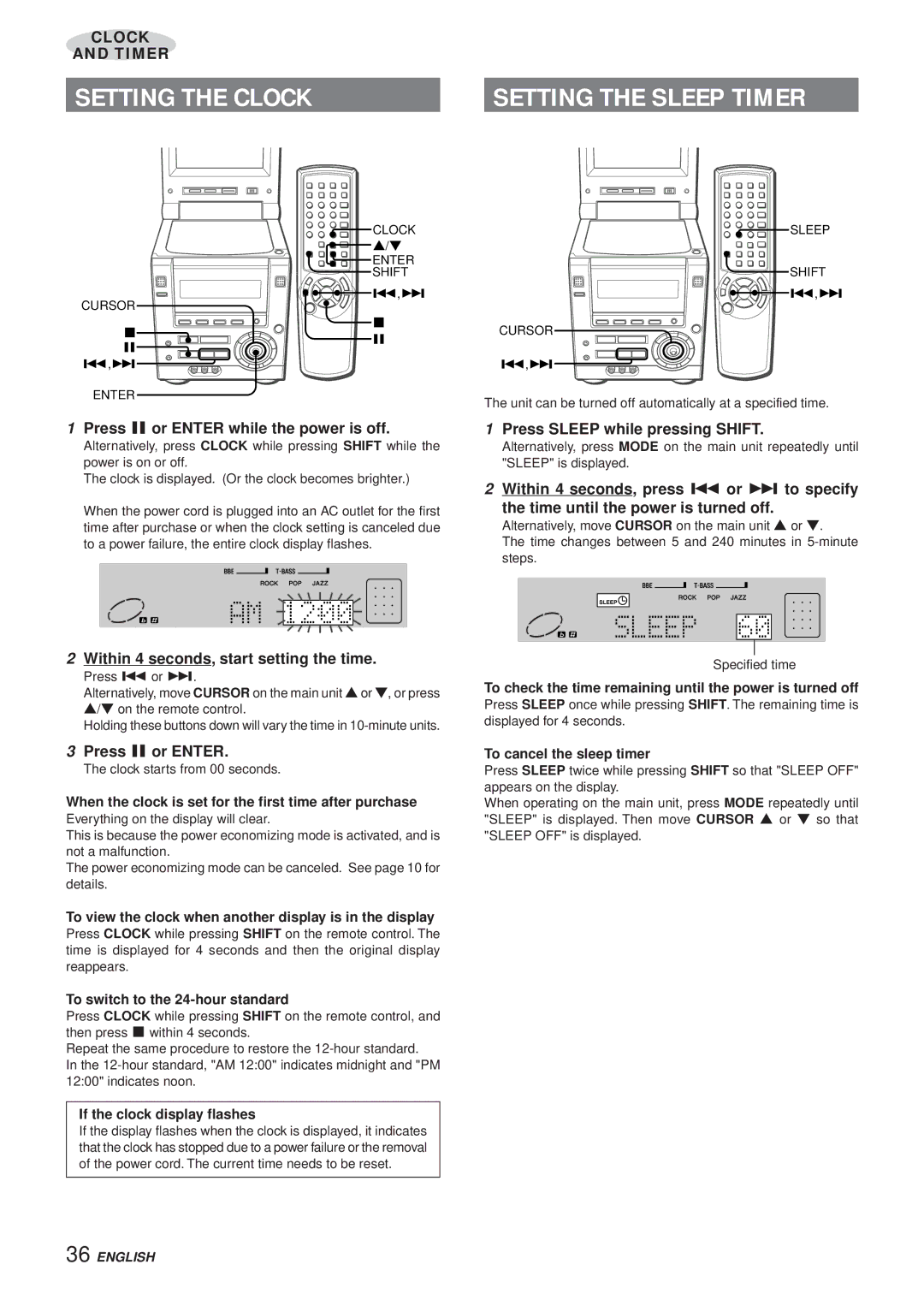 Aiwa XR-DV3M operating instructions Setting the Clock, Setting the Sleep Timer 