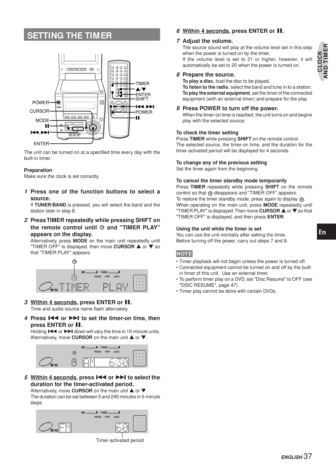 Aiwa XR-DV3M operating instructions Setting the Timer 