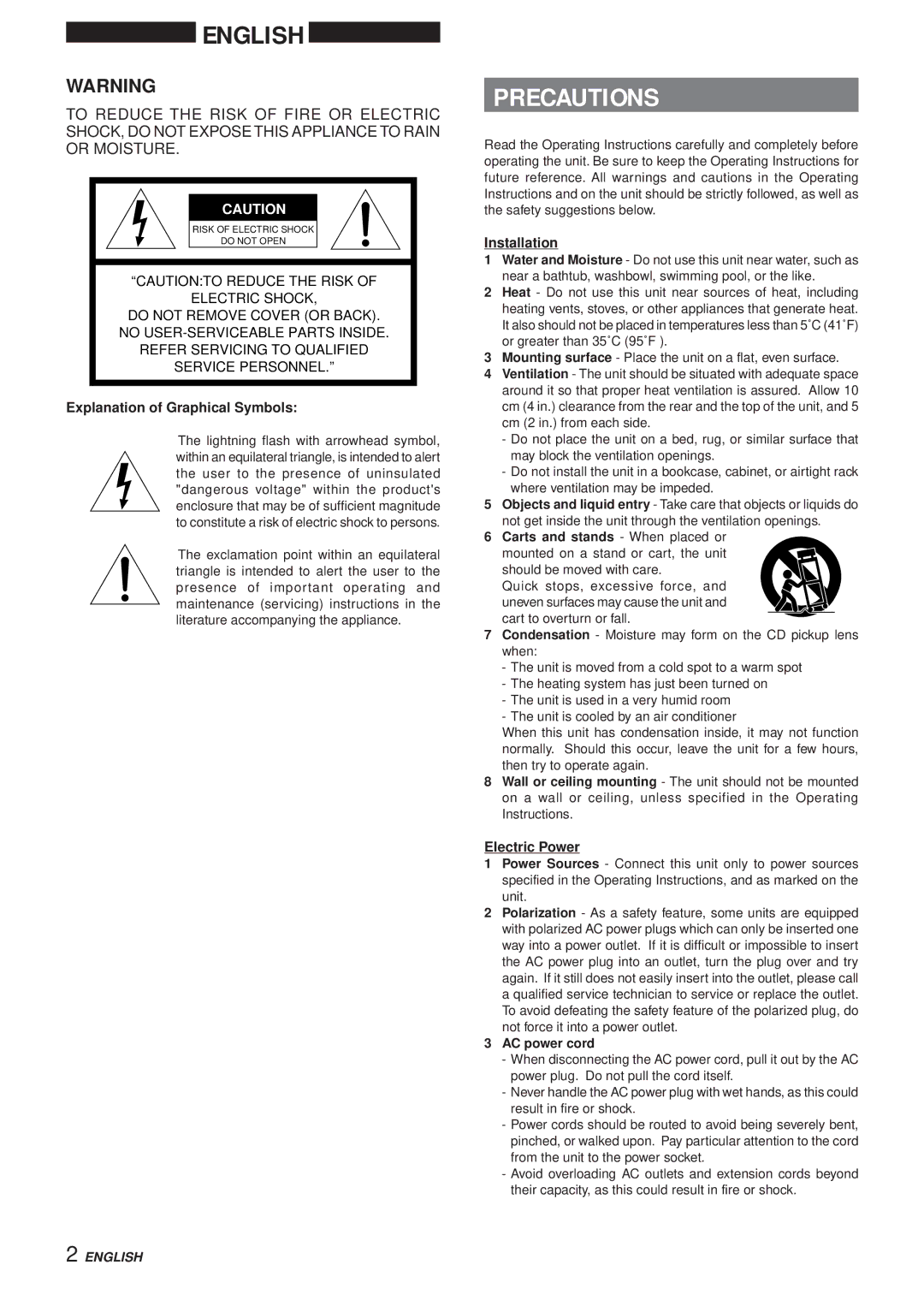 Aiwa XR-DV3M operating instructions Precautions, Explanation of Graphical Symbols, Installation, Electric Power 