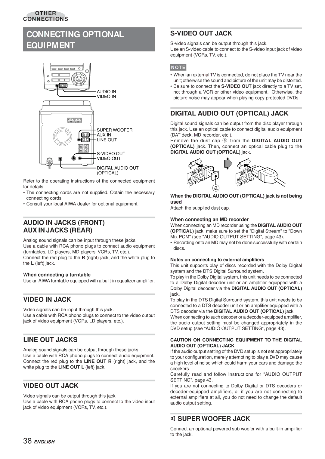 Aiwa XR-DV3M operating instructions Connecting Optional Equipment 