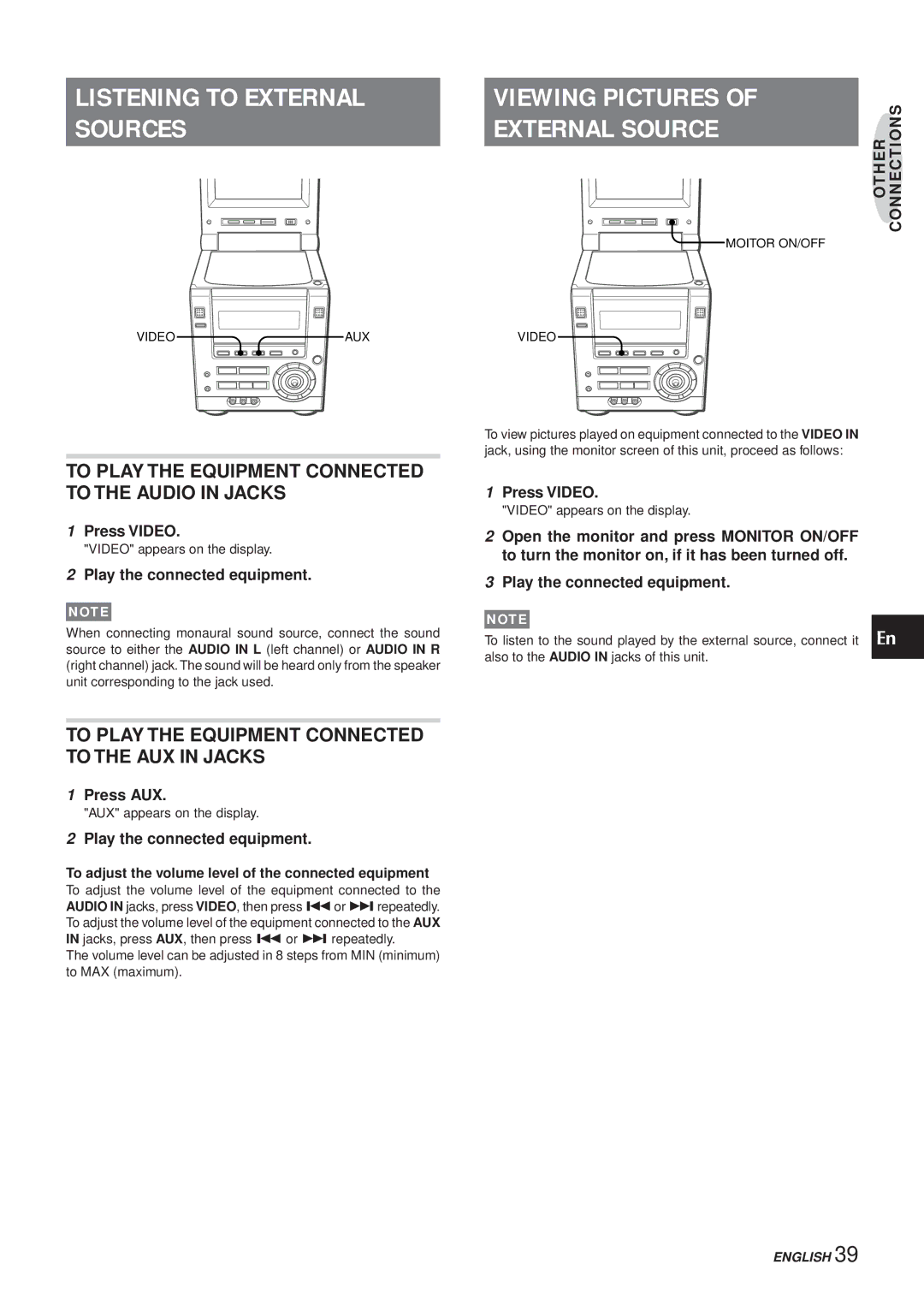 Aiwa XR-DV3M operating instructions Listening to External, Sources, To Play the Equipment Connected to the Audio in Jacks 