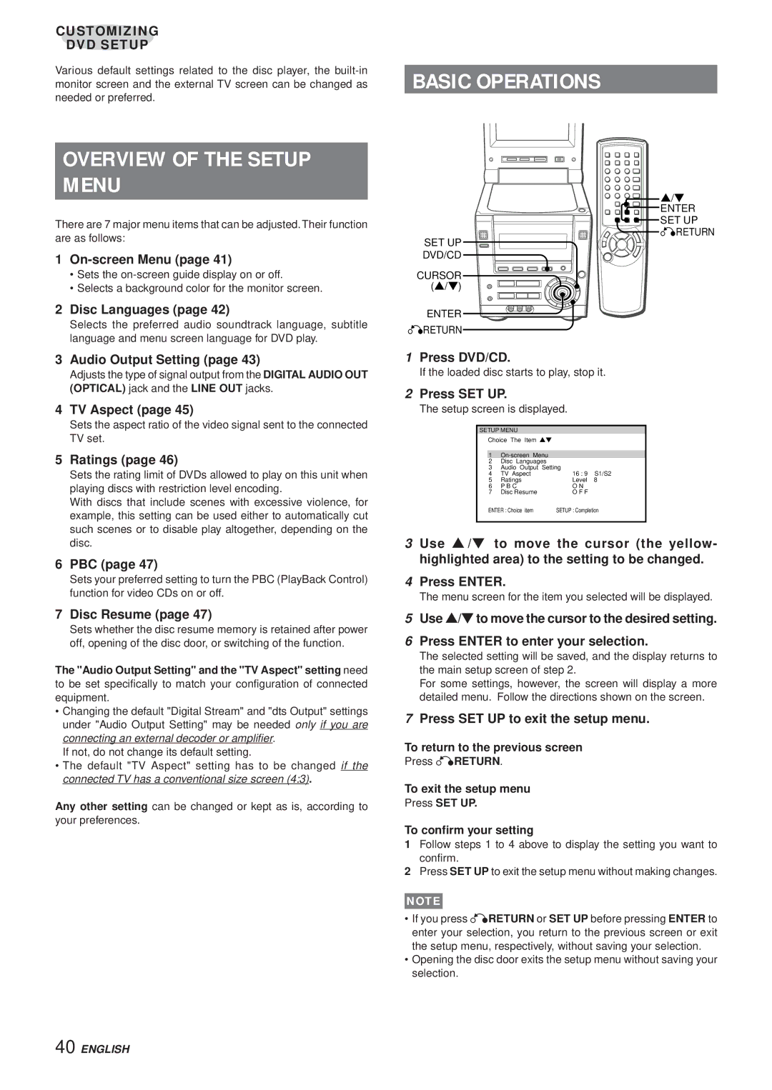 Aiwa XR-DV3M operating instructions Overview of the Setup Menu 