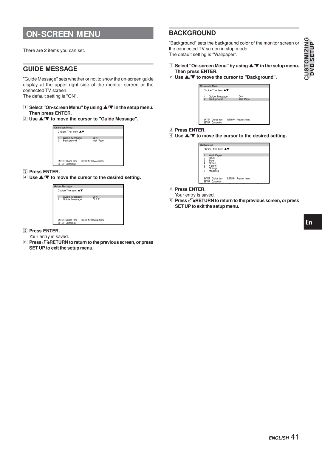 Aiwa XR-DV3M ON-SCREEN Menu, Guide Message, Press Enter, Use i/k to move the cursor to Background 