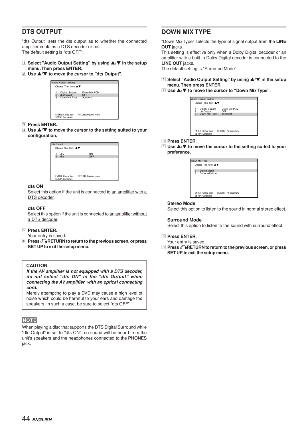 Aiwa XR-DV3M operating instructions DTS Output, Down MIX Type 