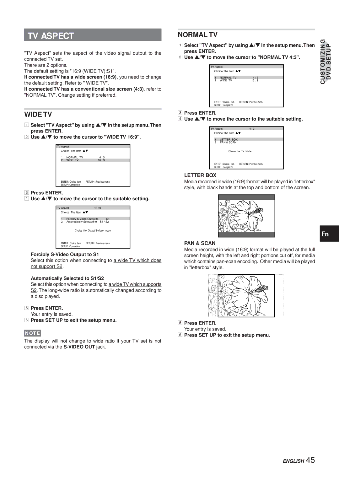 Aiwa XR-DV3M operating instructions TV Aspect, Wide TV, Normal TV, Letter BOX, PAN & Scan 