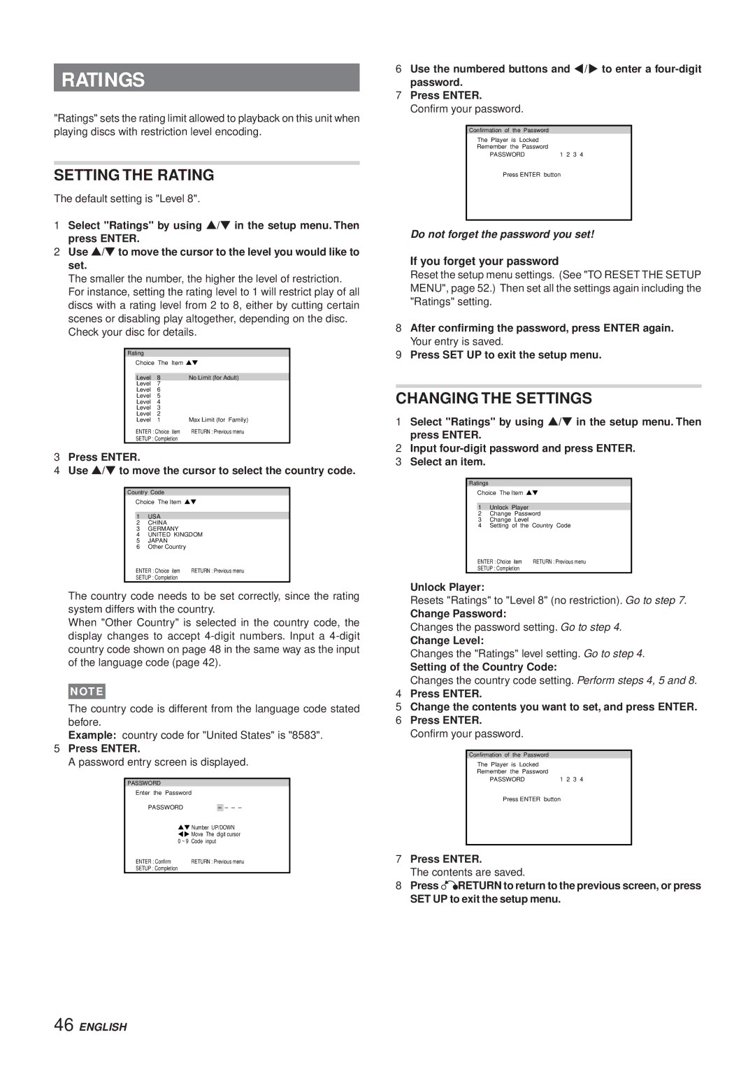 Aiwa XR-DV3M operating instructions Ratings, Setting the Rating, Changing the Settings, If you forget your password 