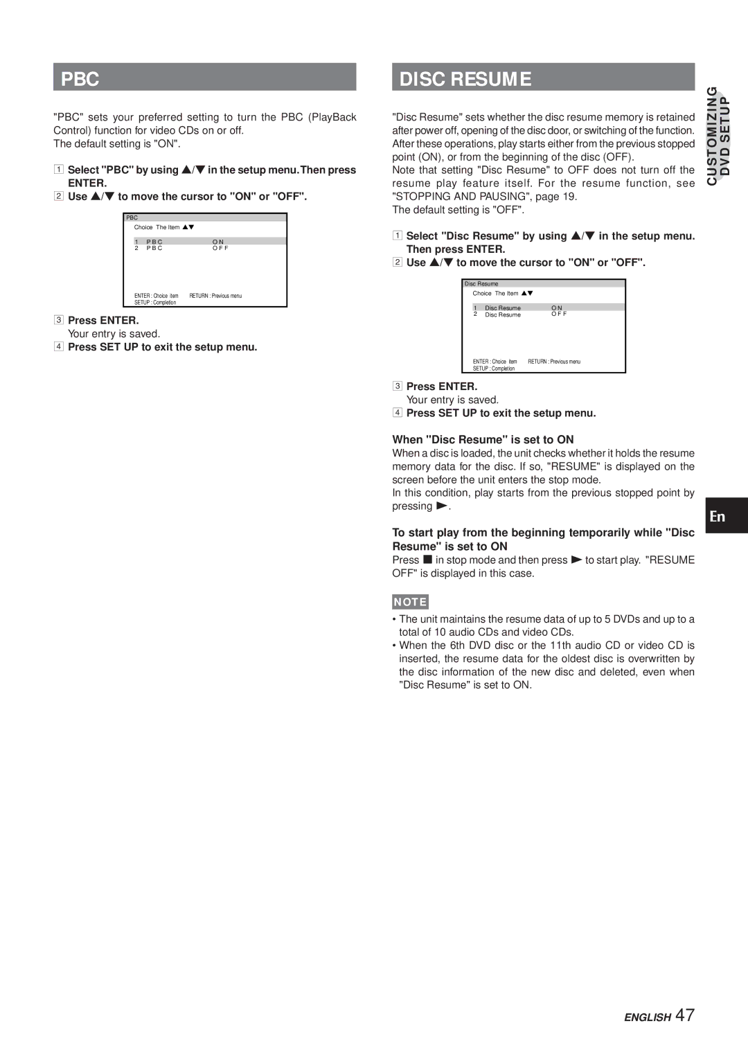 Aiwa XR-DV3M Pbc, When Disc Resume is set to on, Select PBC by using i/kin the setup menu.Then press 