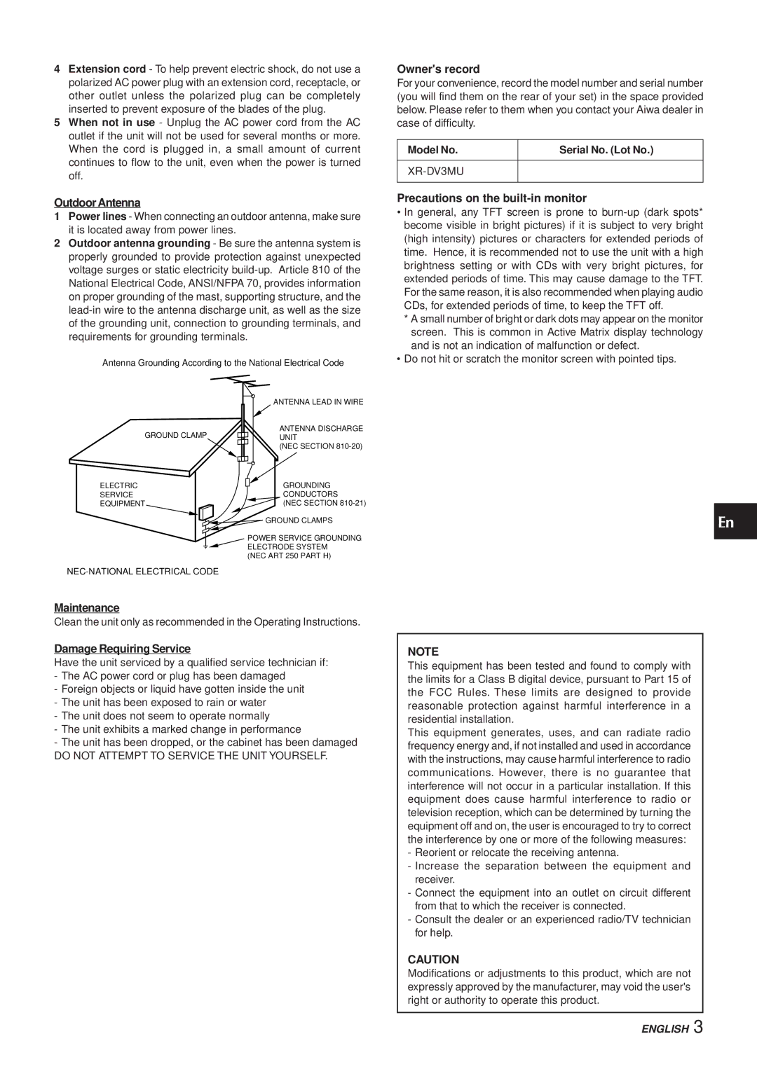 Aiwa XR-DV3M Outdoor Antenna, Maintenance, Damage Requiring Service, Owners record, Precautions on the built-in monitor 