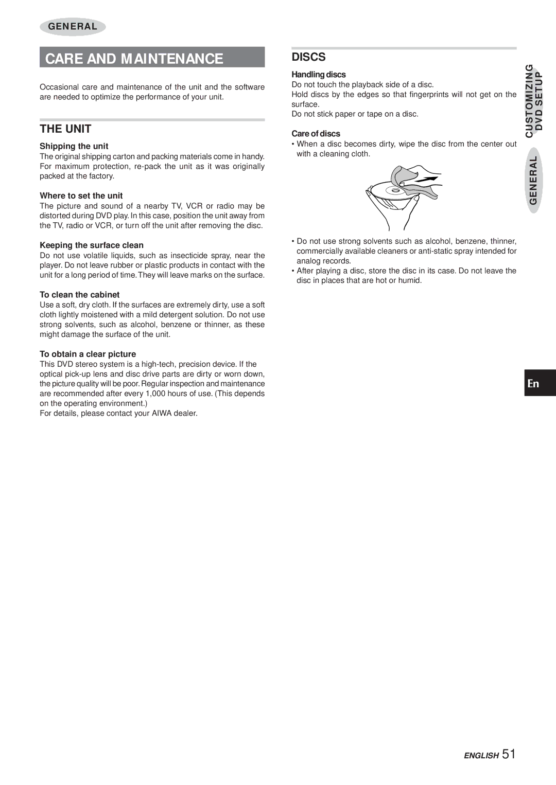 Aiwa XR-DV3M operating instructions Care and Maintenance, Unit, Discs 