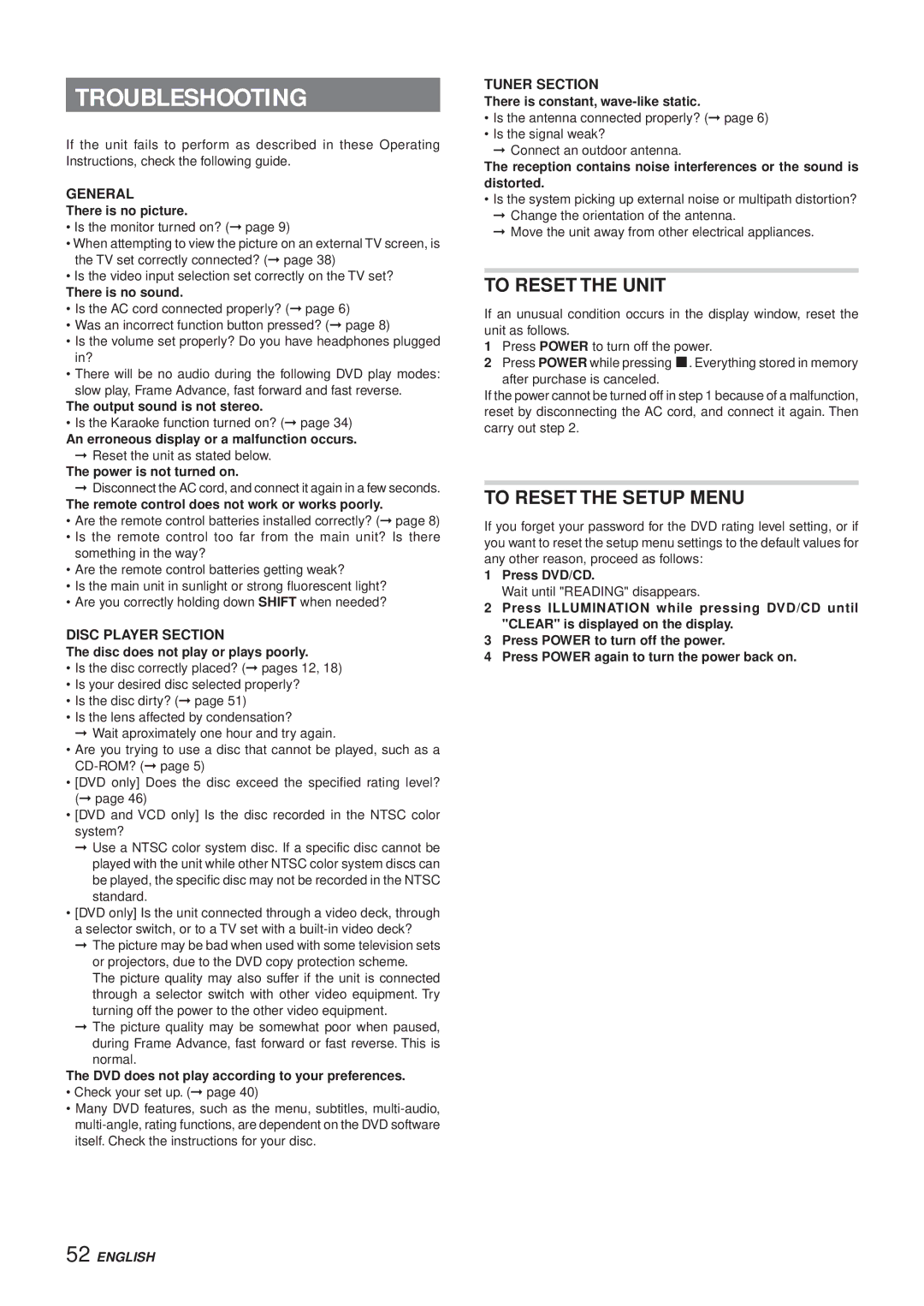 Aiwa XR-DV3M operating instructions Troubleshooting, To Reset the Unit, To Reset the Setup Menu 