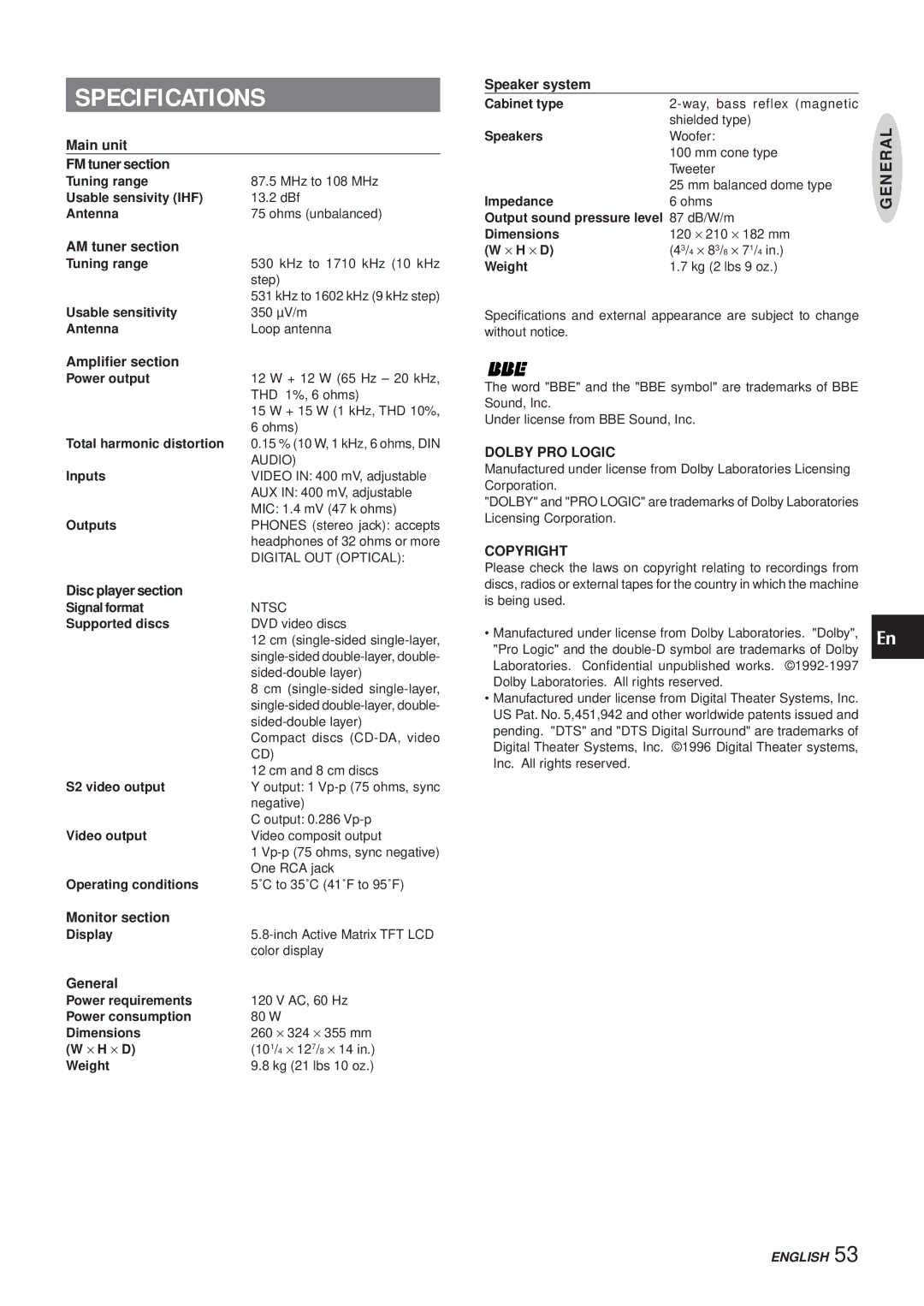 Aiwa XR-DV3M operating instructions Specifications, Copyright 