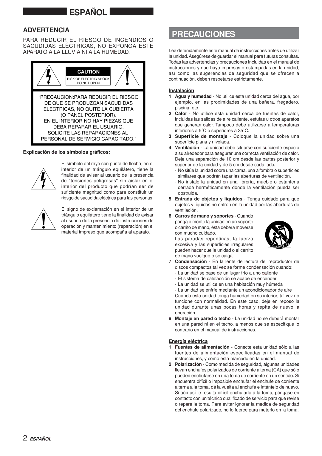 Aiwa XR-DV3M Precauciones, Advertencia, Explicación de los símbolos gráficos, Instalación, Energía eléctrica 