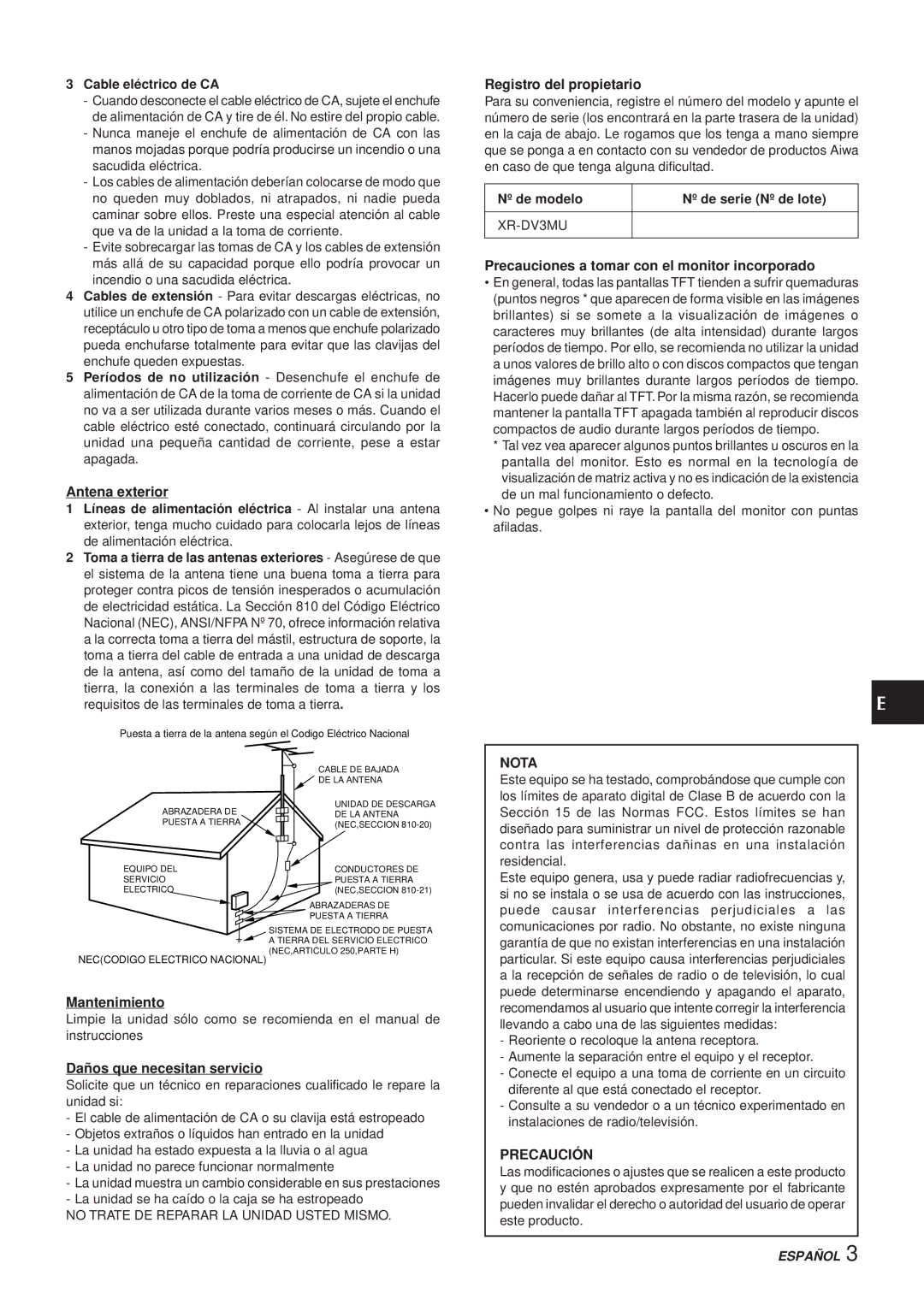 Aiwa XR-DV3M operating instructions Nota, Precaución 