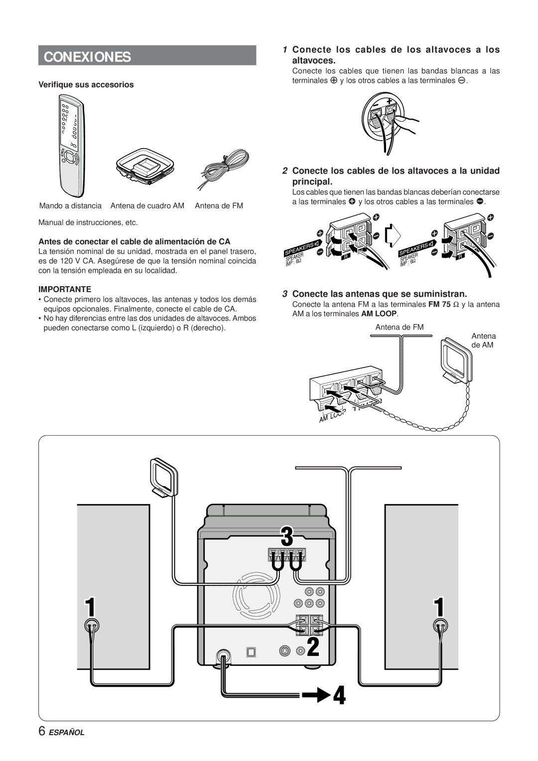 Aiwa XR-DV3M Conexiones, Conecte los cables de los altavoces a los altavoces, Conecte las antenas que se suministran 