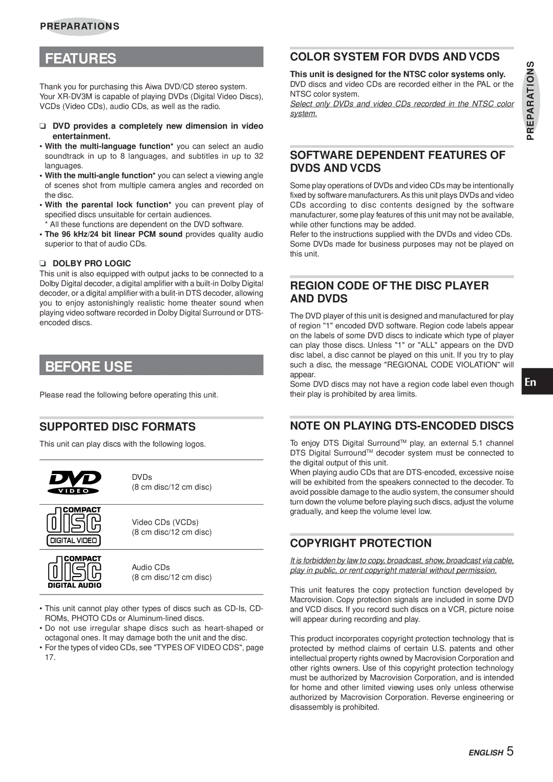 Aiwa XR-DV3M operating instructions Features, Before USE 