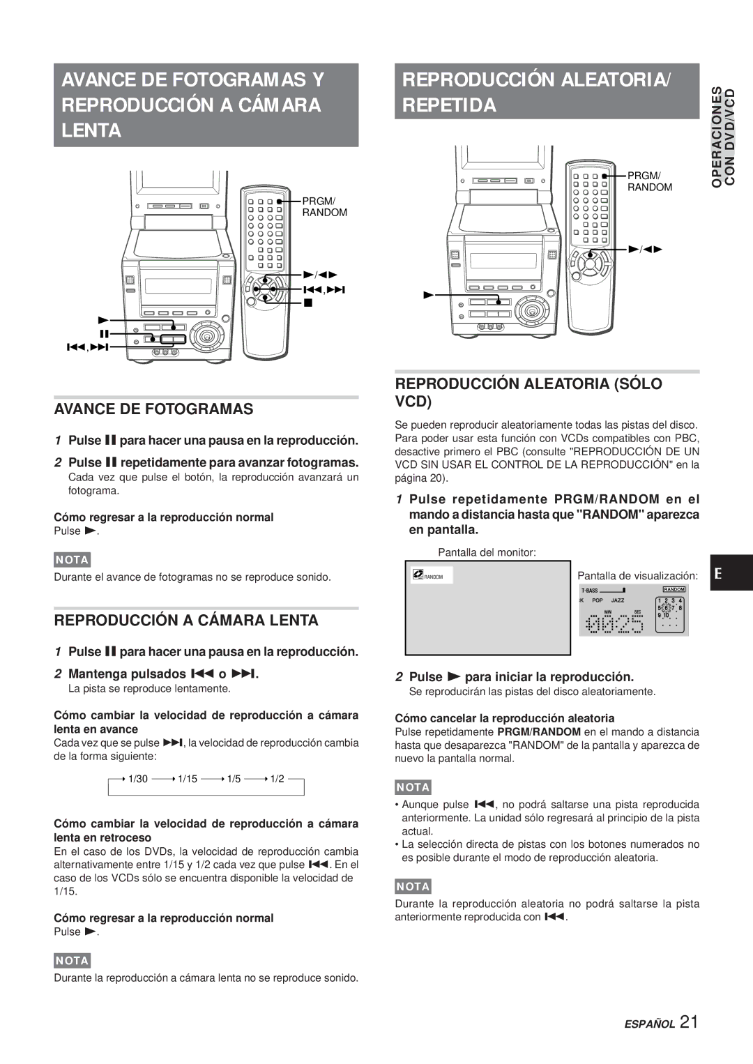 Aiwa XR-DV3M operating instructions Avance DE Fotogramas, Reproducción a Cámara Lenta, Reproducción Aleatoria Sólo VCD 