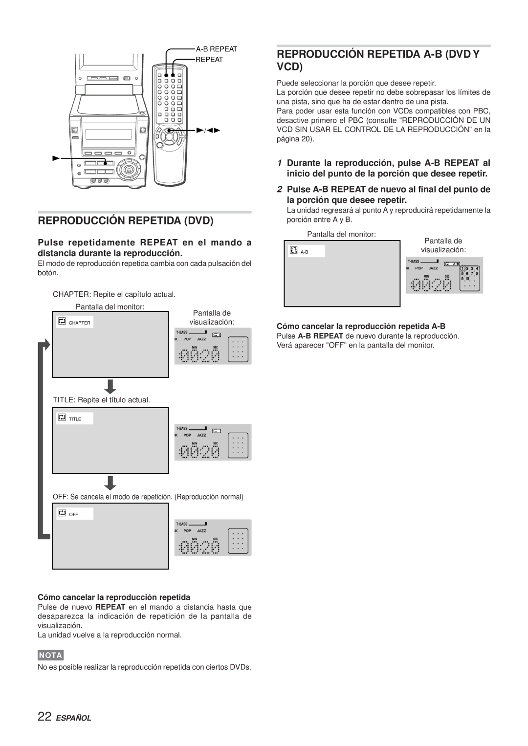 Aiwa XR-DV3M operating instructions Reproducción Repetida DVD, Reproducción Repetida A-B DVD Y VCD 