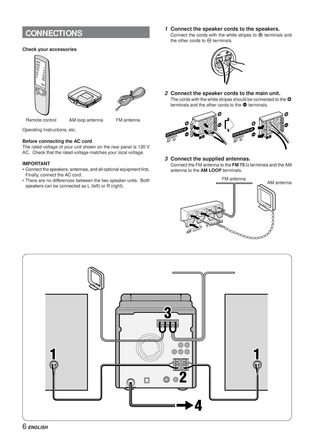 Aiwa XR-DV3M Connections, Connect the speaker cords to the speakers, Connect the speaker cords to the main unit 