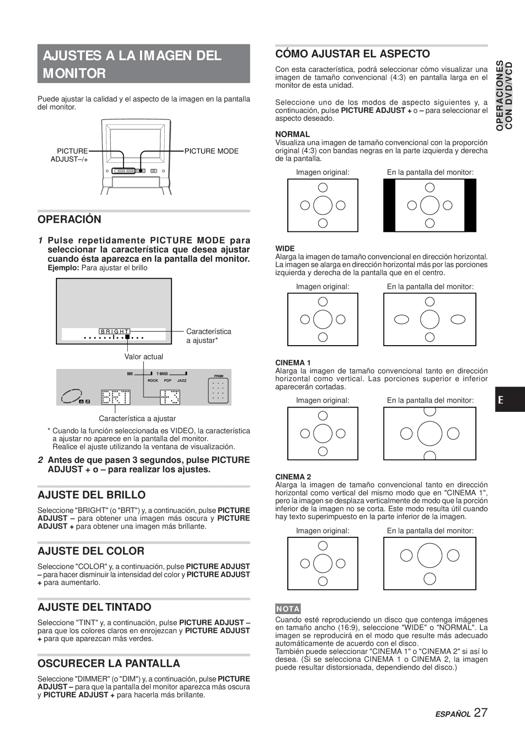 Aiwa XR-DV3M operating instructions Ajustes a LA Imagen DEL Monitor 