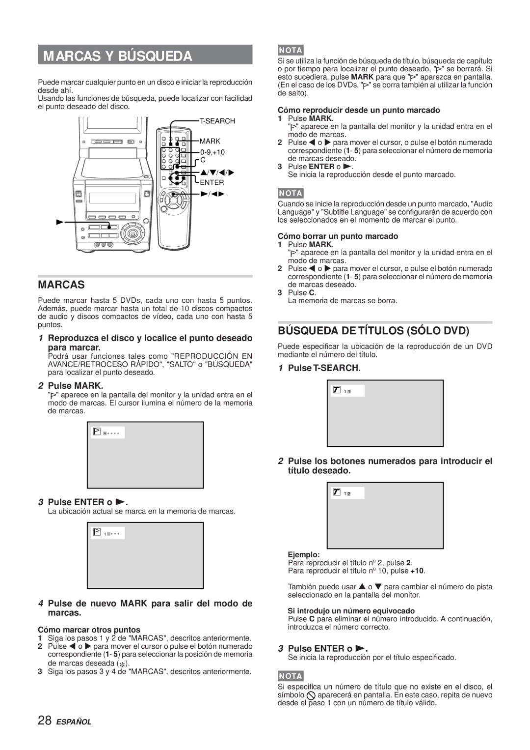 Aiwa XR-DV3M operating instructions Marcas Y Búsqueda, Búsqueda DE Títulos Sólo DVD 