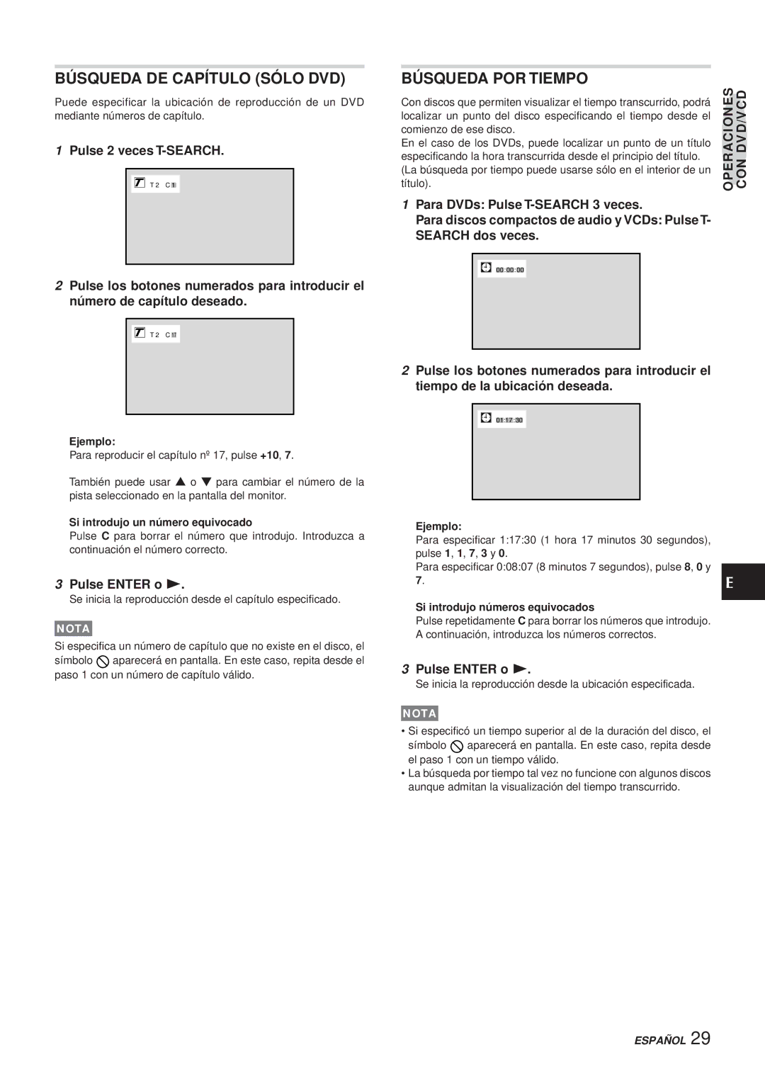 Aiwa XR-DV3M operating instructions Búsqueda DE Capítulo Sólo DVD, Búsqueda POR Tiempo, Si introdujo números equivocados 