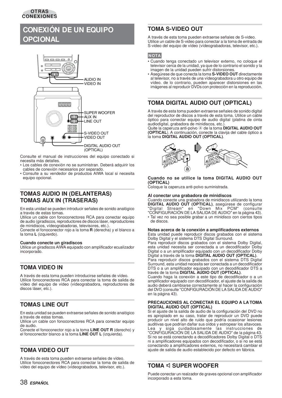 Aiwa XR-DV3M operating instructions Conexión DE UN Equipo Opcional 