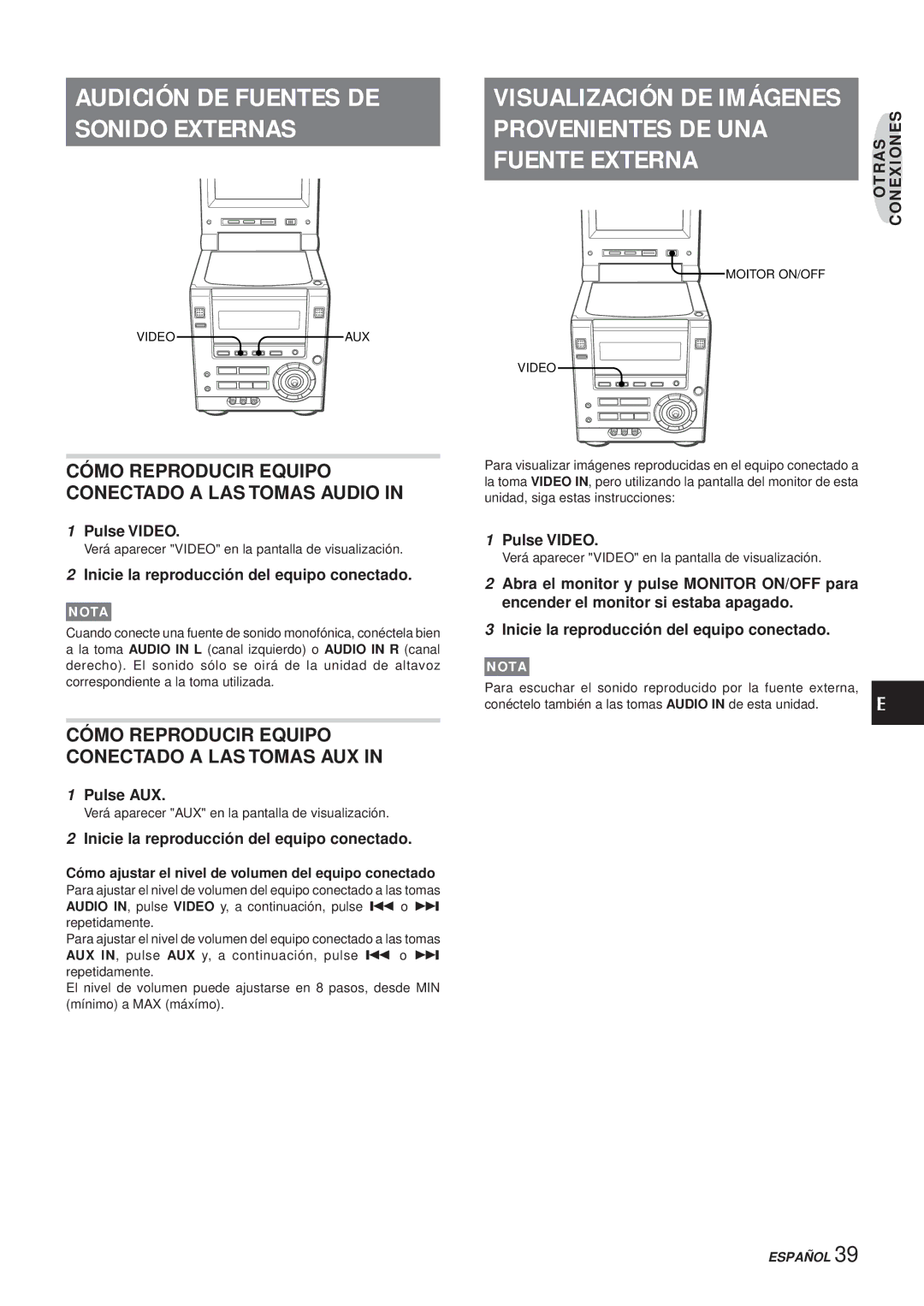 Aiwa XR-DV3M Audición DE Fuentes DE Sonido Externas, Visualización DE Imágenes Provenientes DE UNA, Fuente Externa 