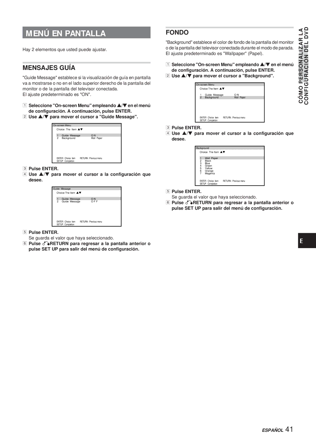 Aiwa XR-DV3M operating instructions Menú EN Pantalla, Mensajes Guía, Fondo, Pulse Enter 