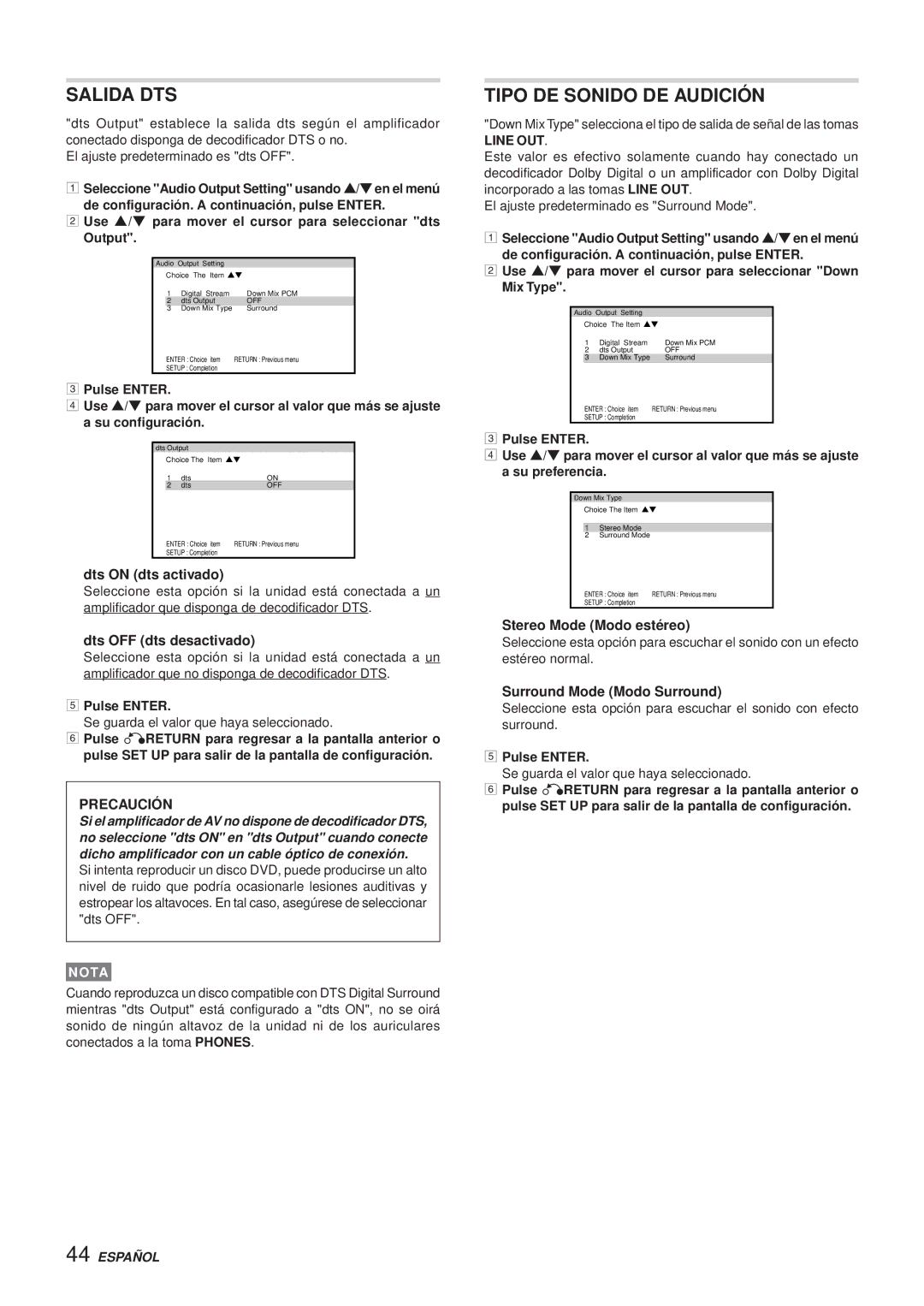 Aiwa XR-DV3M operating instructions Salida DTS, Tipo DE Sonido DE Audición 