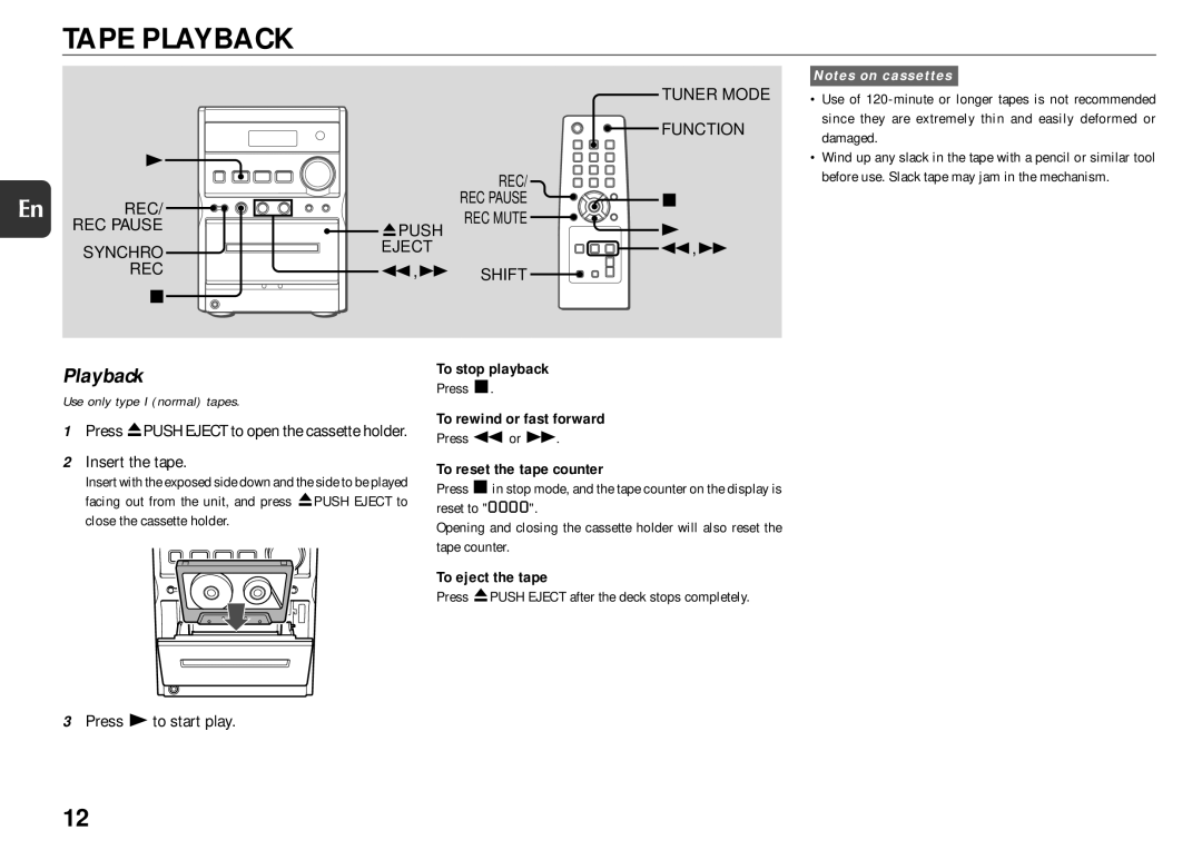 Aiwa XR-EM20 manual Tape Playback 