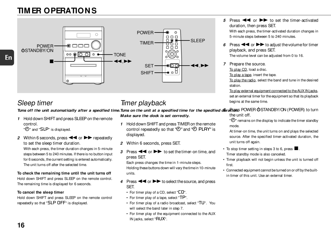 Aiwa XR-EM20 manual Timer Operations, Sleep timer, Timer playback, To cancel the sleep timer 