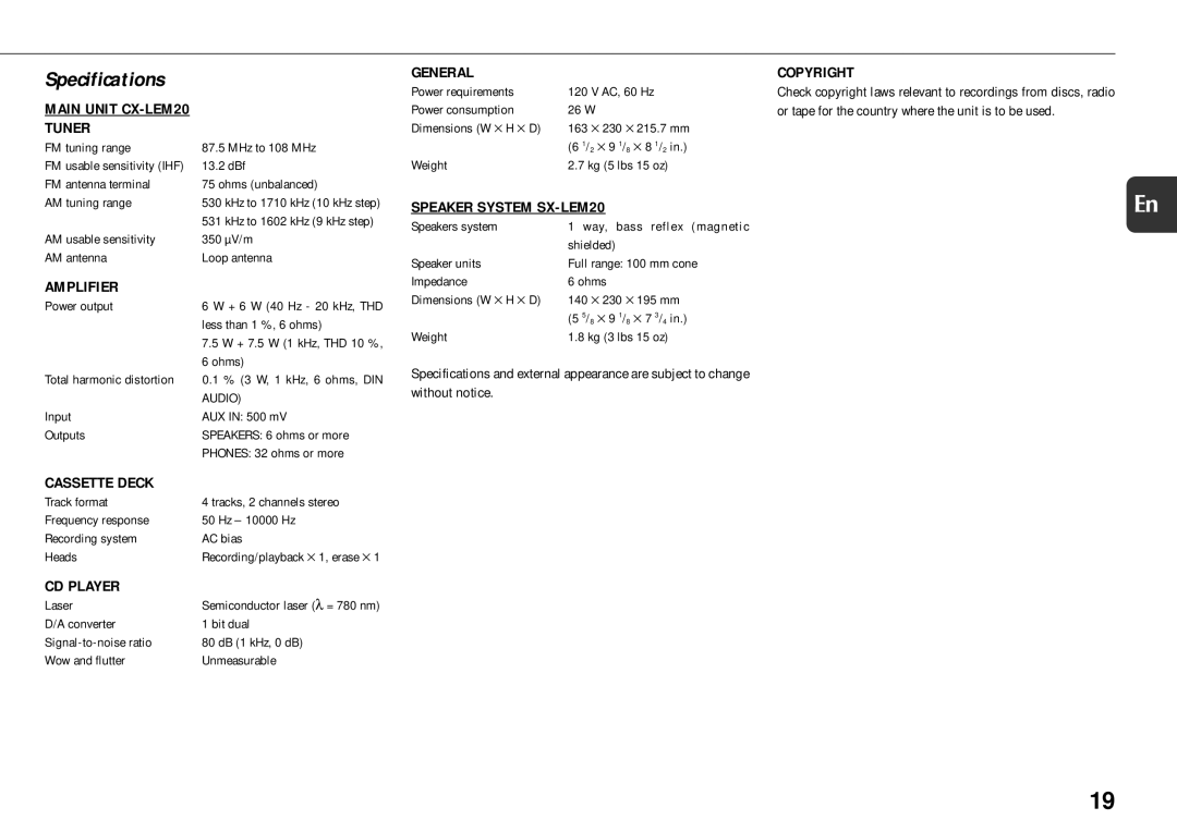 Aiwa XR-EM20 manual Specifications 