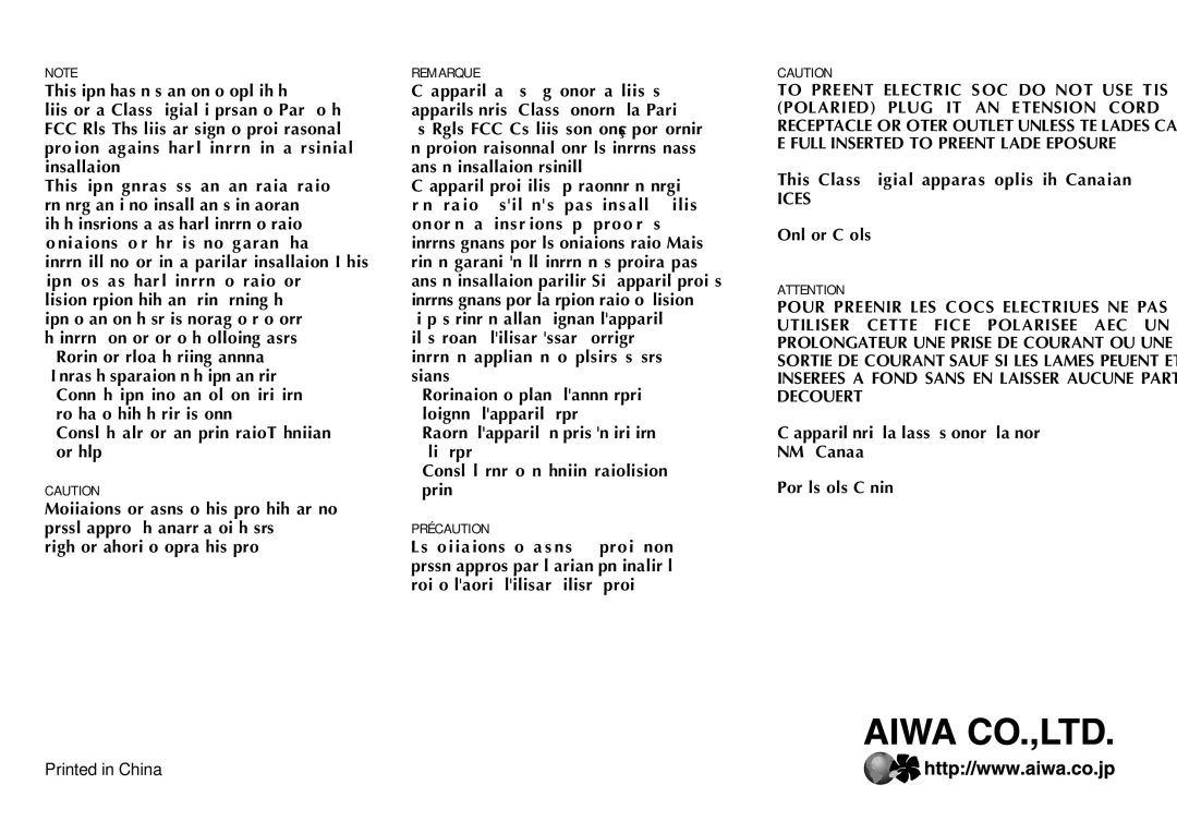 Aiwa XR-EM20 manual Reorient or relocate the receiving antenna, Remarque, Précaution 