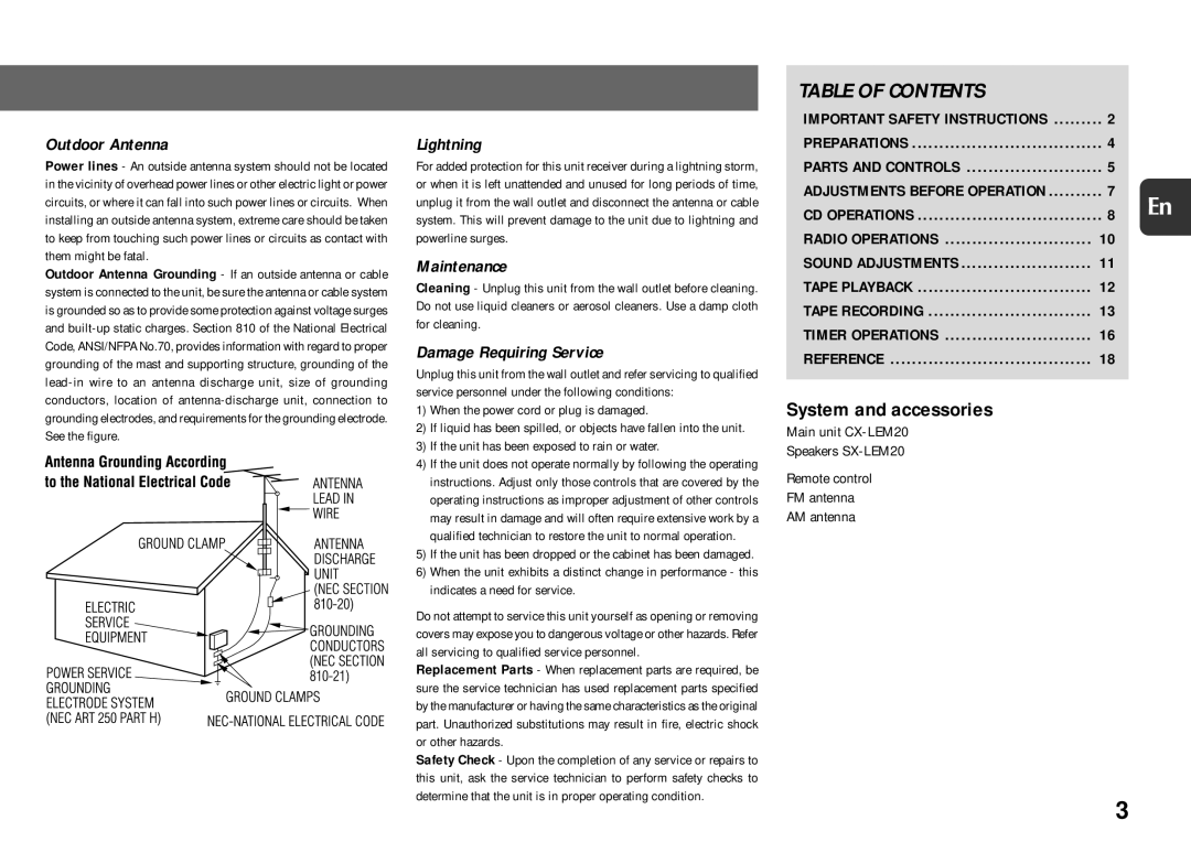 Aiwa XR-EM20 manual Table of Contents 