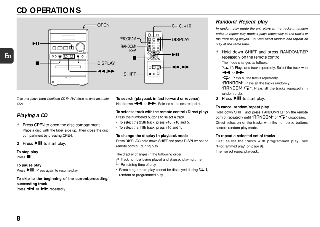 Aiwa XR-EM20 manual CD Operations, Random/Repeat play, Playing a CD 