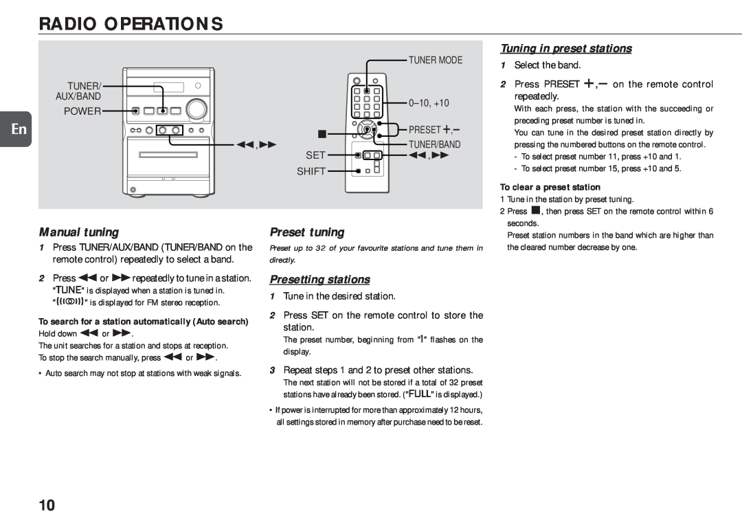 Aiwa XR-EM20 manual Radio Operations, Manual tuning, Preset tuning, Tuning in preset stations, Presetting stations 