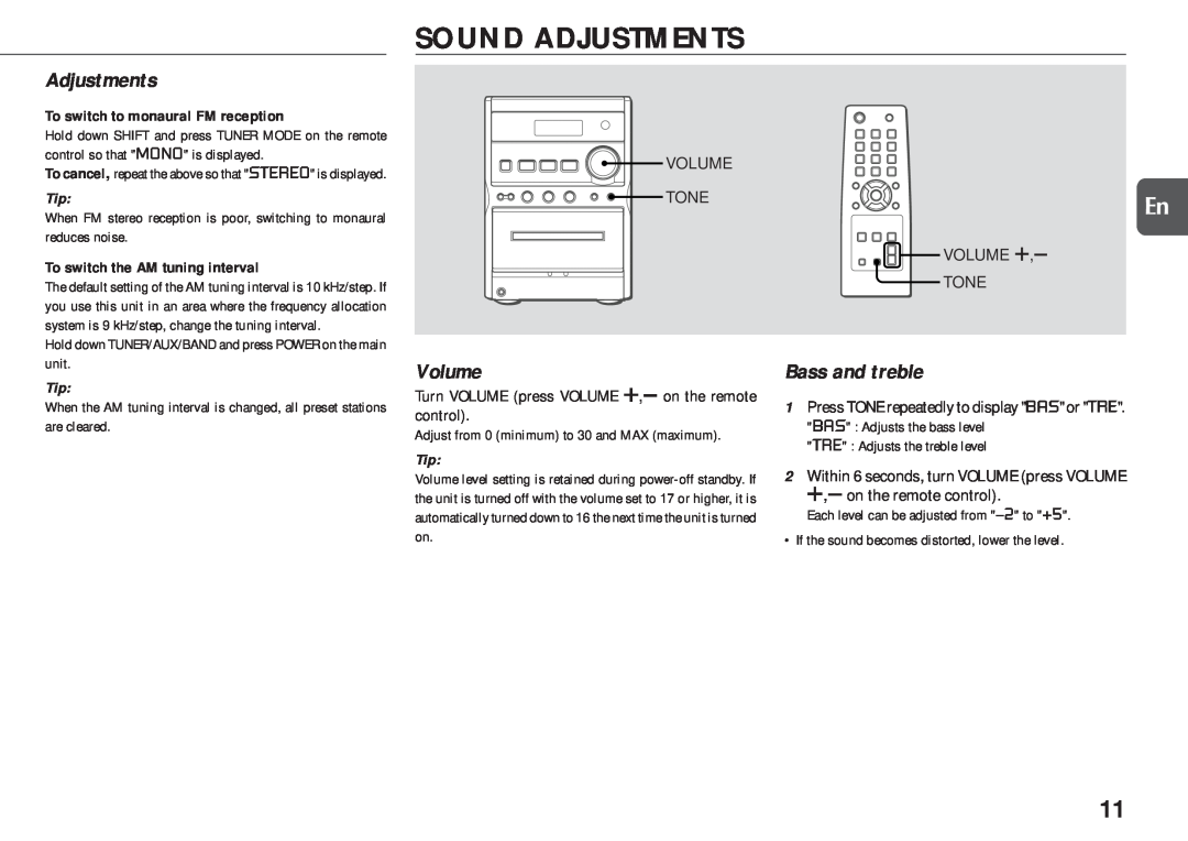 Aiwa XR-EM20 manual Sound Adjustments, Volume, Bass and treble 