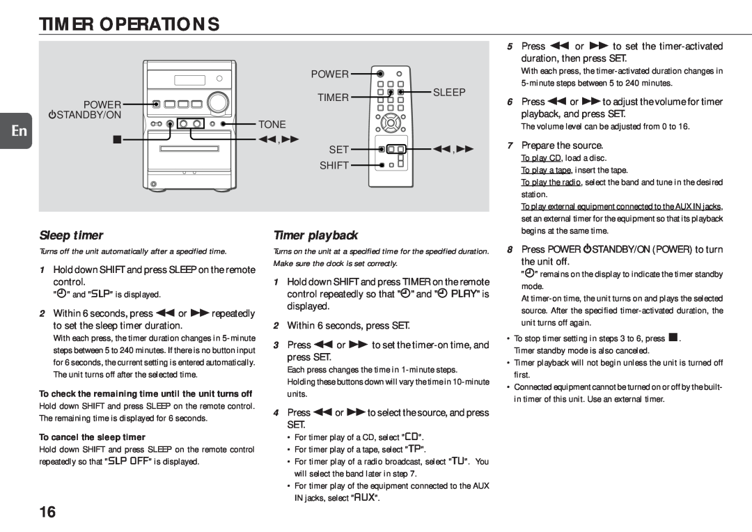 Aiwa XR-EM20 manual Timer Operations, Sleep timer, Timer playback 