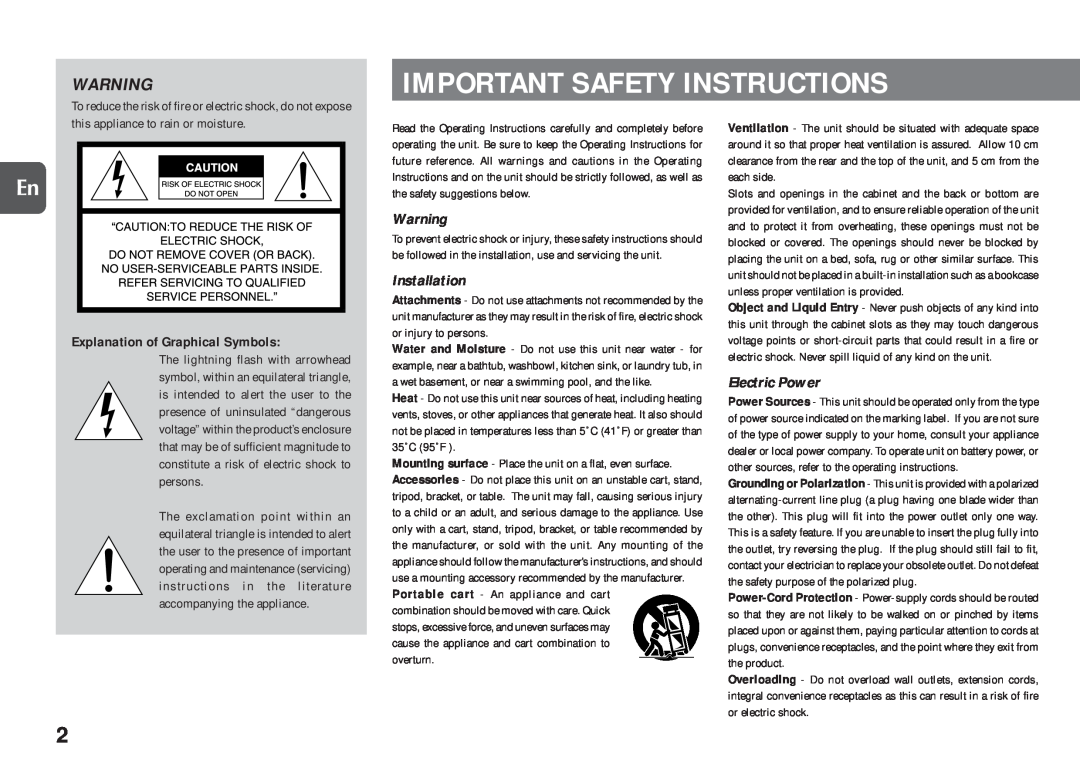 Aiwa XR-EM20 manual Installation, Electric Power, Important Safety Instructions 