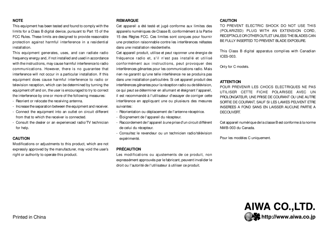 Aiwa XR-EM20 manual Remarque, Précaution 