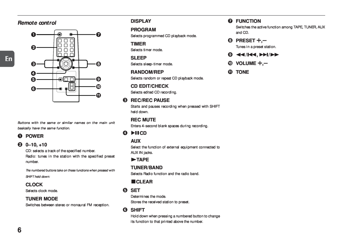 Aiwa XR-EM20 manual basically have the same function, Remote control 