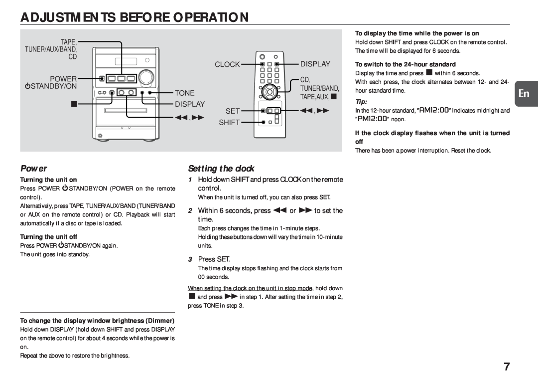 Aiwa XR-EM20 manual Adjustments Before Operation, Power, Setting the clock 