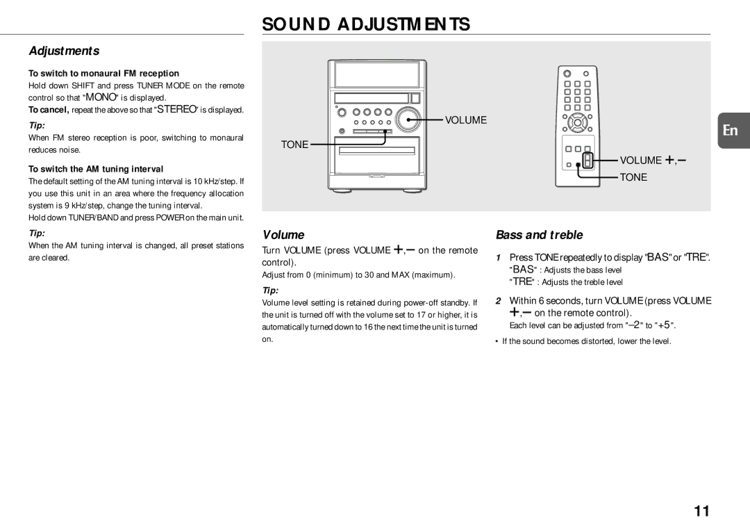 Aiwa XR-EM50 manual Sound Adjustments, Volume, Bass and treble 