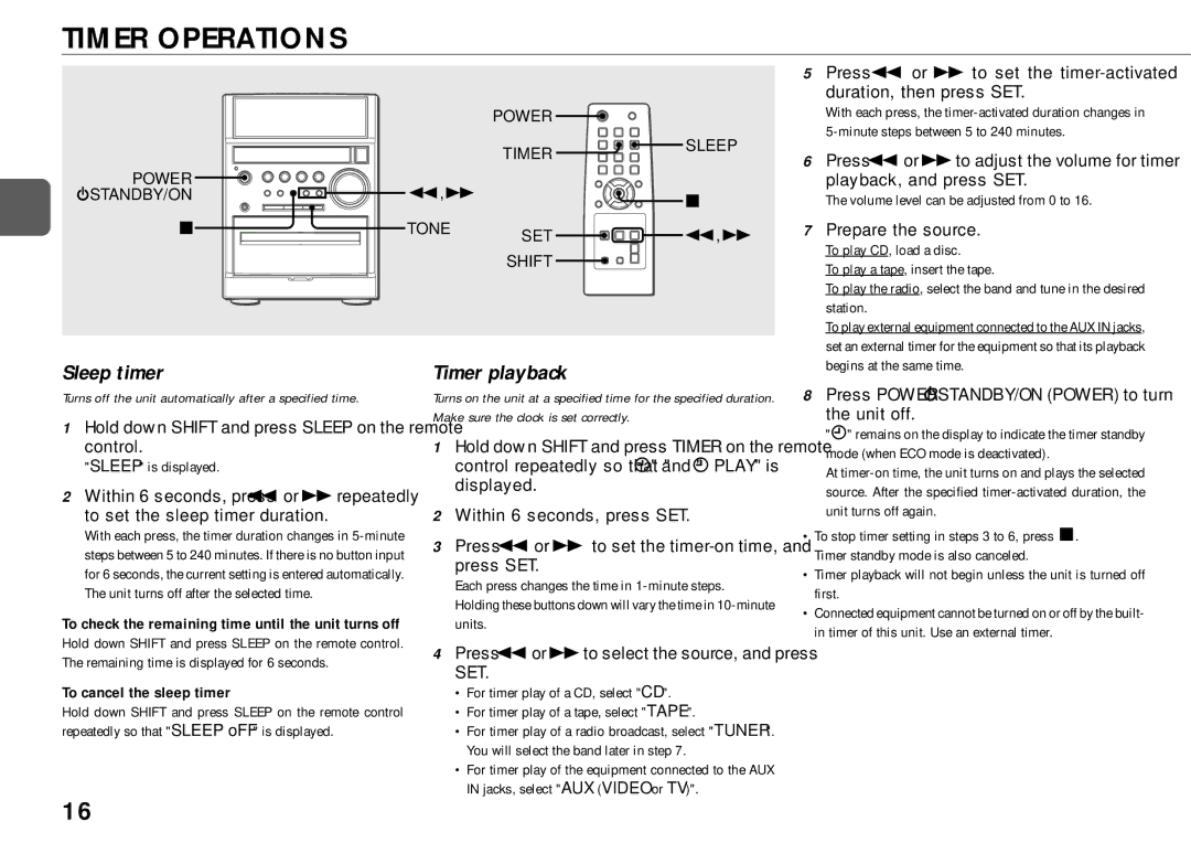 Aiwa XR-EM50 manual Timer Operations, Sleep timer, Timer playback, To cancel the sleep timer 