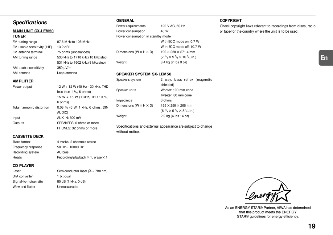 Aiwa XR-EM50 manual Specifications 