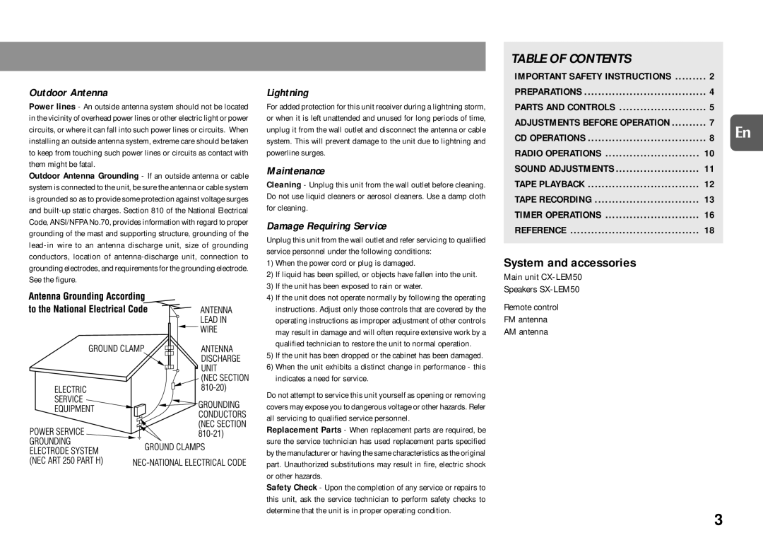 Aiwa XR-EM50 manual Table of Contents 